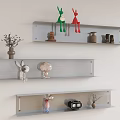 Gray Wall Mounted Shelves With Decorative Rabbit Figurines Ceramic Pot Radio And Vase
