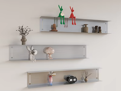 Gray Wall Mounted Shelves With Decorative Rabbit Figurines Ceramic Pot Radio And Vase 3d model