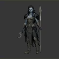 Blue Skinned Mythical Woman in Feathered Armor Holding Spear and Scimitar