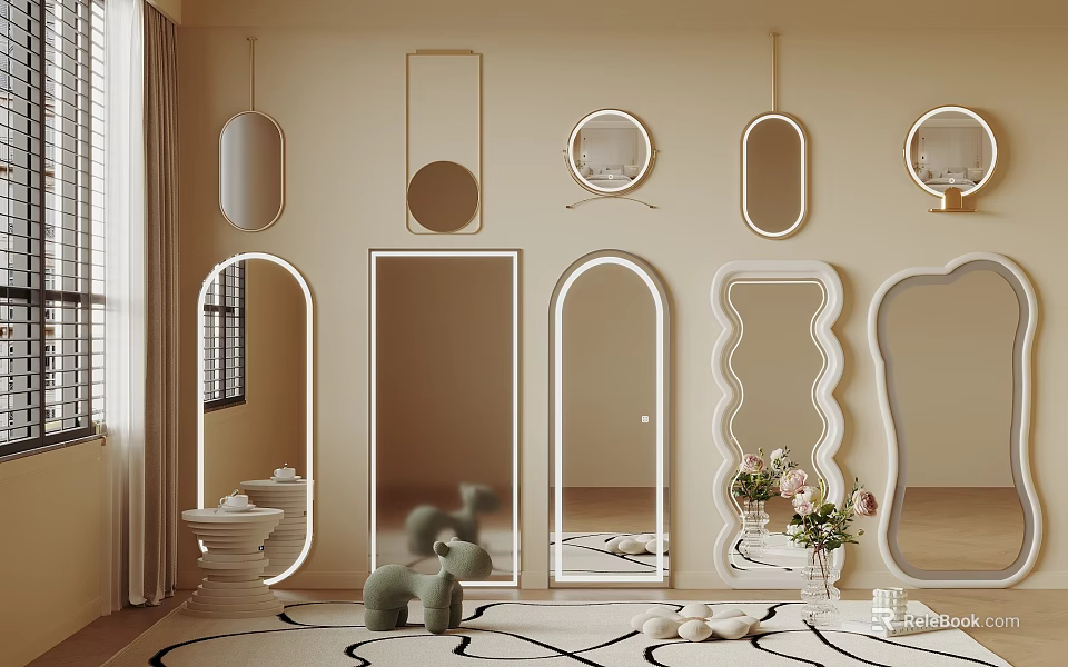 Various Shaped Mirrors In Stylish Room Interior With Decor Elements 3d model 