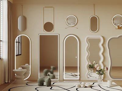 Various Shaped Mirrors In Stylish Room Interior With Decor Elements 3d model