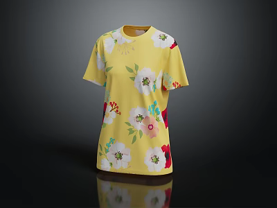 Yellow Short Sleeve T shirt With Colorful Floral Patterns For Casual Wear 3d model