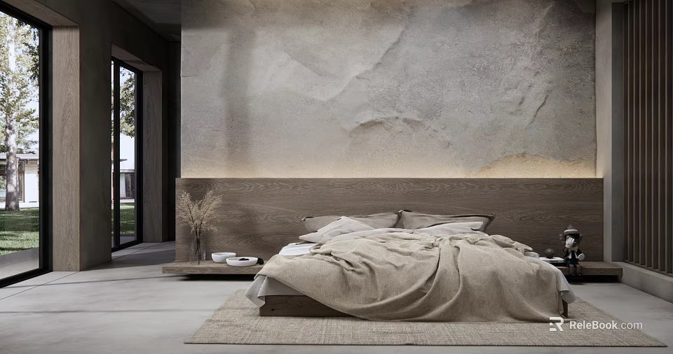 Natural Modern Bedroom Interior With Double Bed Wooden Headboard And Stone Texture Wall 3d model 