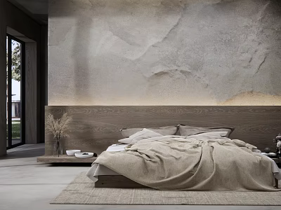 Natural Modern Bedroom Interior With Double Bed Wooden Headboard And Stone Texture Wall 3d model