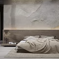 Natural Modern Bedroom Interior With Double Bed Wooden Headboard And Stone Texture Wall
