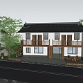Chinese Garden Landscape With Two Story Building Black Tile Roof White Walls And Wooden Balcony