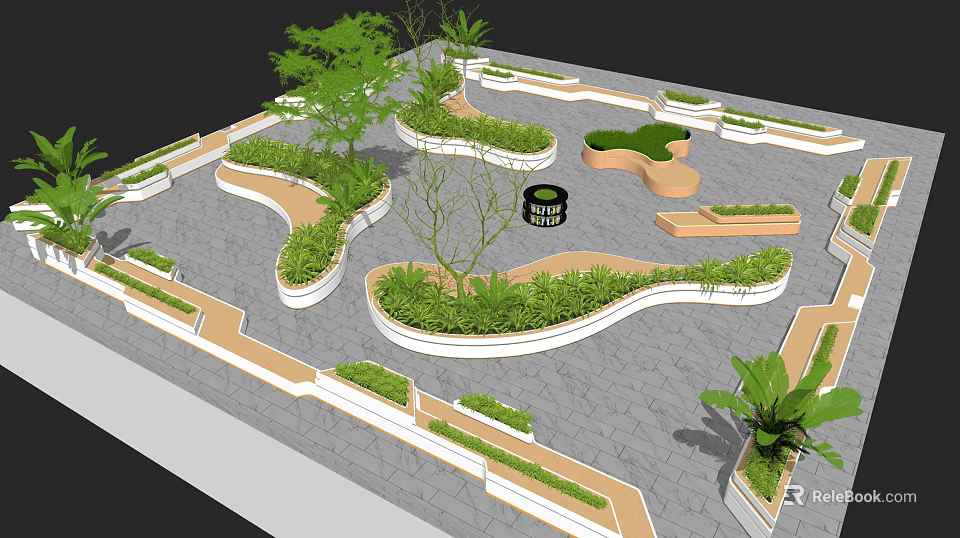Roof Garden Design With Curved Planters Green Plants And Stone Paved Layout 3d model 
