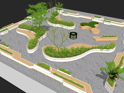 Roof Garden Design With Curved Planters Green Plants And Stone Paved Layout 3d model