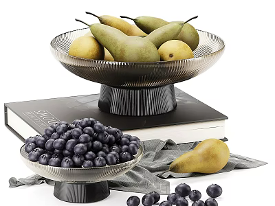 Fresh Pears And Blueberries In Stylish Bowls With Book And Cloth 3d model