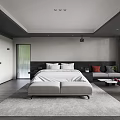 Modern Hotel Guest Room With Bed Sofa Coffee Table Open Layout Gray Tones Marble Accents