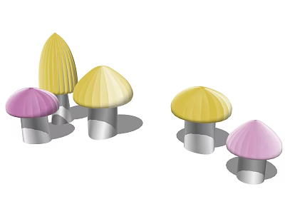 Mushroom Shaped Decorative Ornament Set With Yellow Pink Color And Metal Base For Home Decor 3d model