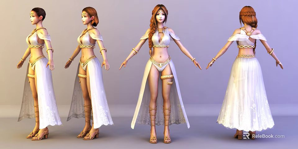 Elegant Woman In White Long Dress With Golden Accessories And Multiple Poses 3d model 