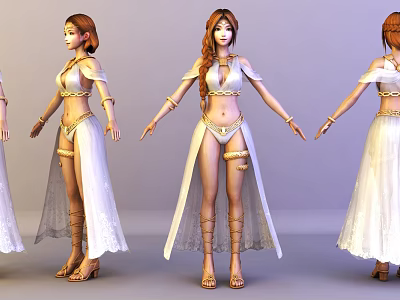 Elegant Woman In White Long Dress With Golden Accessories And Multiple Poses 3d model