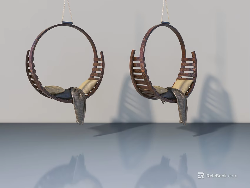 Modern Swing Door Design With Hanging Circular Chairs Brown Frame And Light Cushions 3d model 