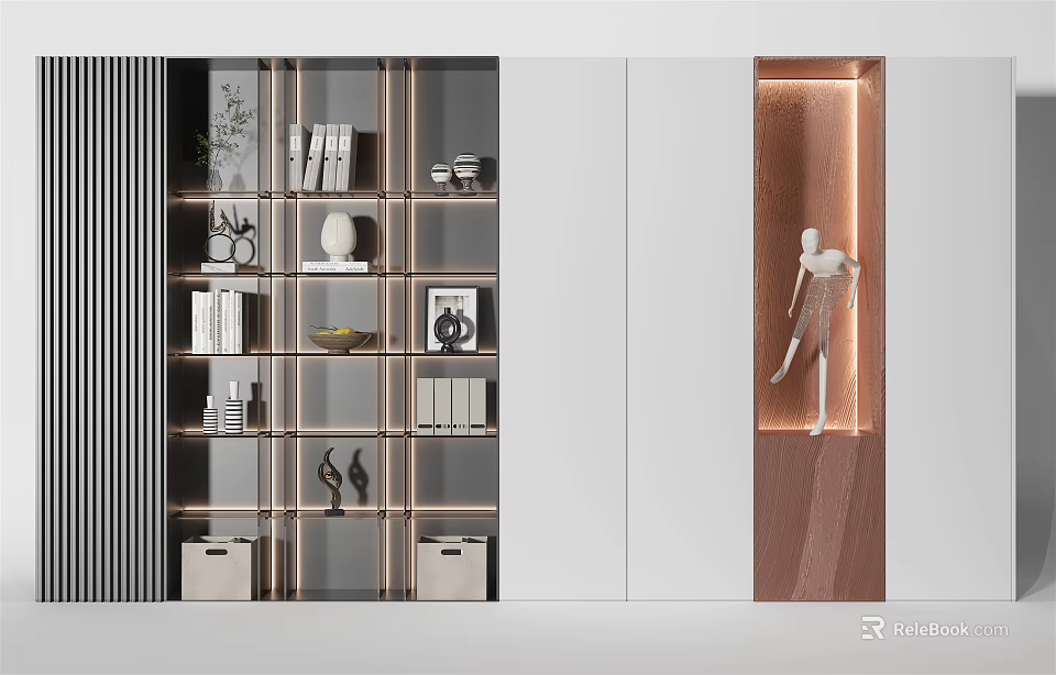 Modern Display Cabinet with Open Shelves Displaying Books Artworks and Decorative Items 3d model 