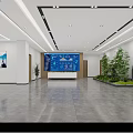 Spacious Modern Public Service Hall With Polished Marble Floor Large Smart Display And Indoor Greenery