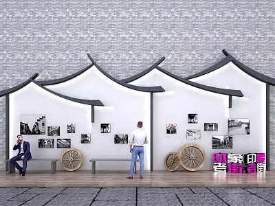 Chinese Style Scenic Wall Featuring Roof Eaves Black White Photos Display Bench and Wheel Decorations 3d model