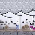 Chinese Style Scenic Wall Featuring Roof Eaves Black White Photos Display Bench and Wheel Decorations