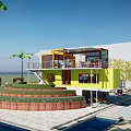 Modern Container House Design With Open Terrace Pool And Palm Trees 3d model