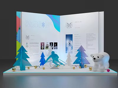 Open Pop-up Book Display With Colorful Christmas Trees Polar Bear And Decorative Balls 3d model
