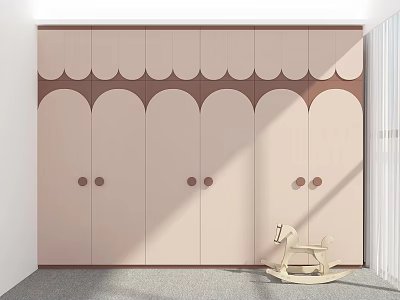 Modern Wardrobe With Arched Doors Scalloped Top Round Knobs And Wooden Rocking Horse 3d model