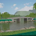Scenic Stone Arch Bridge With Mountain View Lush Trees Lotus Pond People Walking Relaxing Nearby