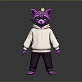3D Purple Raccoon Character With Golden Crown Green Eyes White Hoodie And Dark Pants