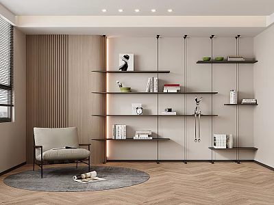 Modern Wall Bookshelf Interior With Wooden Walls Herringbone Flooring Grey Armchair Decorative Items And Books 3d model