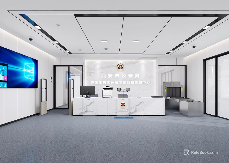 Modern Police Station Reception Desk With Marble Countertop Digital Screen And Office Interior Setup 3d model 