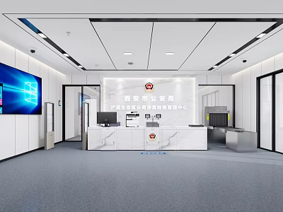 Modern Police Station Reception Desk With Marble Countertop Digital Screen And Office Interior Setup 3d model