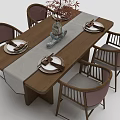 Modern Wooden Dining Table Set With Four Upholstered Chairs Vase Plates And Table Runner