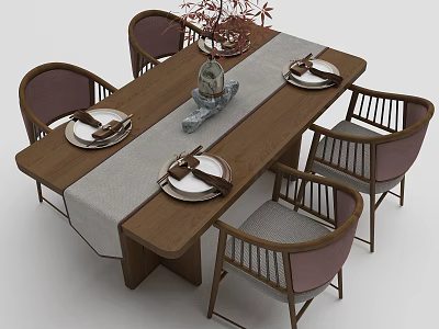 Modern Wooden Dining Table Set With Four Upholstered Chairs Vase Plates And Table Runner 3d model