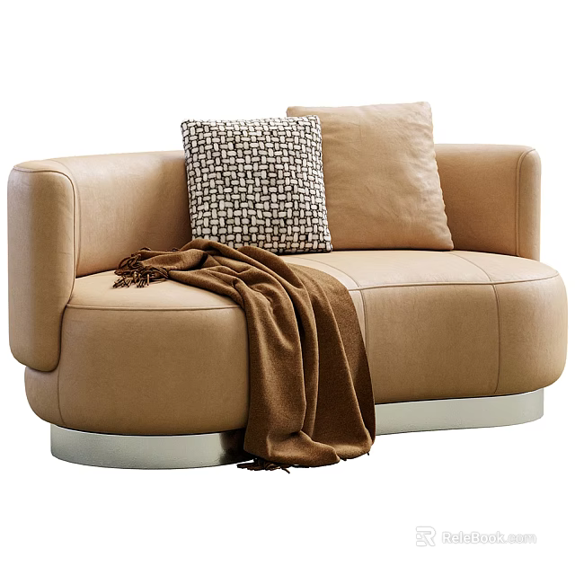Beige Leather Double Sofa With Woven Pattern Pillow Solid Color Cushion And Silver Metal Base 3d model