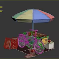 Colorful Umbrella Covered Bicycle Food Stall With Wooden Crates And Trash Bin