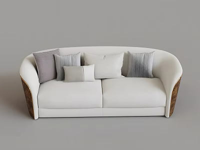 White Upholstered Two Seater Sofa With Brown Armrests And Gray Beige Cushions 3d model