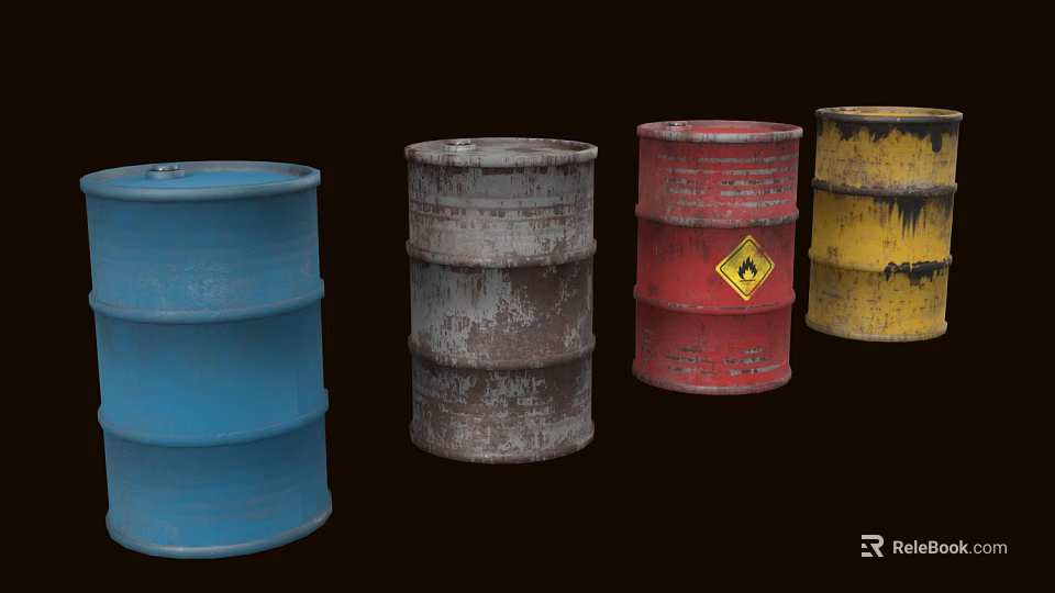 Rusty Old Industrial Drums Various Colors Blue Red Yellow With Hazard Symbol 3d model 