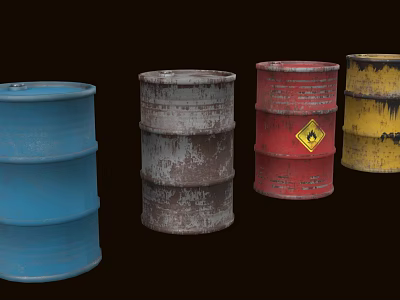 Rusty Old Industrial Drums Various Colors Blue Red Yellow With Hazard Symbol 3d model