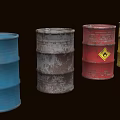 Rusty Old Industrial Drums Various Colors Blue Red Yellow With Hazard Symbol
