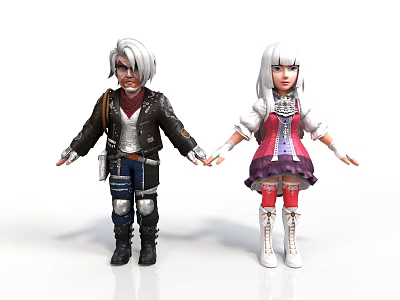 Cartoon Characters With Silver Hair Black Jacket And White Hair Pink Dress Holding Hands 3d model