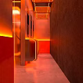 Futuristic Retro Style Bar With Robots Neon Lights Curved Design And Warm Toned Interior