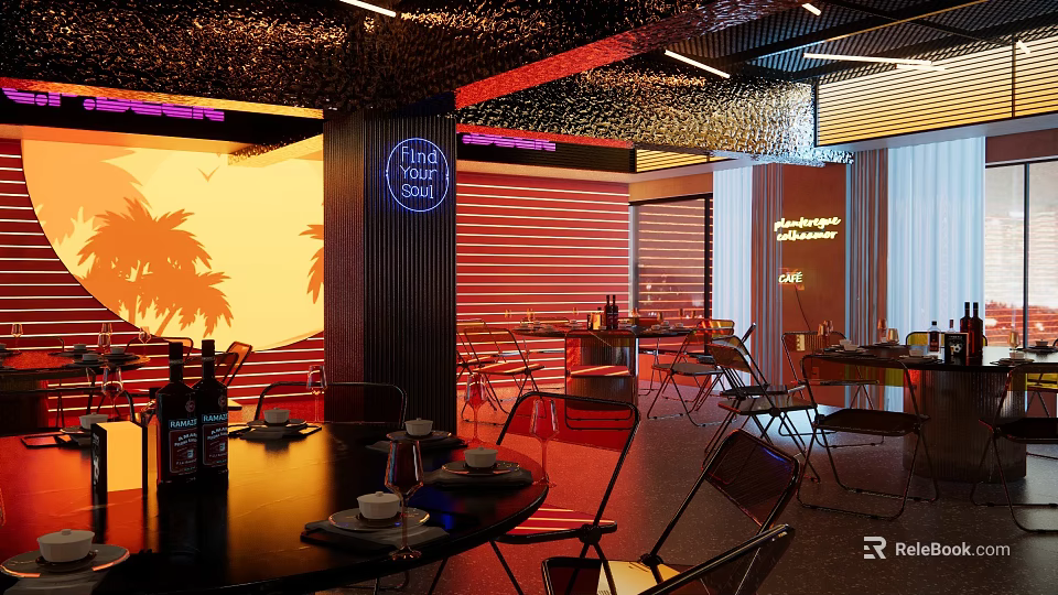 Vibrant Restaurant Interior With Neon Signs Tropical Plant Patterns Red Yellow Tones And Modern Seating 3d model 