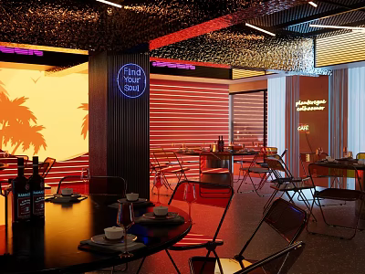 Vibrant Restaurant Interior With Neon Signs Tropical Plant Patterns Red Yellow Tones And Modern Seating 3d model