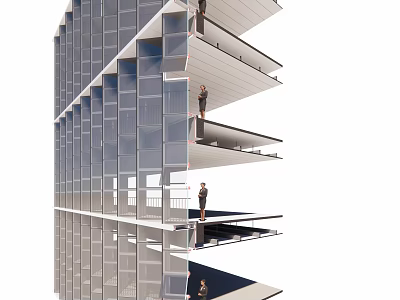 Modern Glass Facade Building With Multi Storey Balconies And Human Figures 3d model