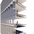 Modern Glass Facade Building With Multi Storey Balconies And Human Figures