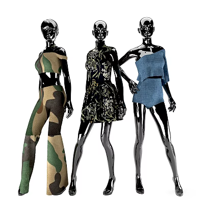 Fashion Models Wearing Camouflage Pants Patterned Dress Blue Off Shoulder Top And Shorts 3d model