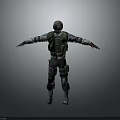 Military Character With Helmet Green Vest And Armor Standing Arms Outstretched Gray Background