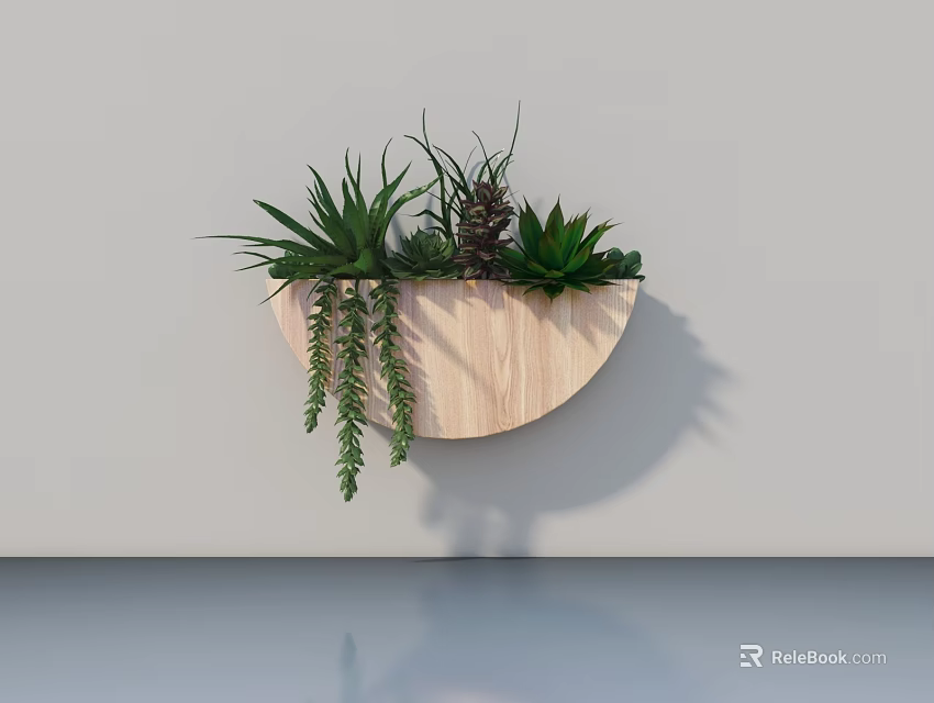 Wall Mounted Wooden Semicircular Planter With Various Succulents And Hanging Plants 3d model 