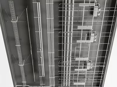 Metal Framework Ceiling Structure Featuring Interconnected Strips and Installed Components 3d model