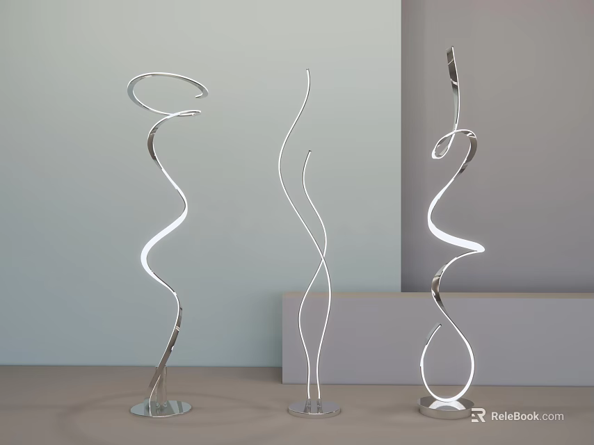 Three Modern Spiral Design Floor Lamps with Chrome Base and Curved Structure in Minimalist Room 3d model 