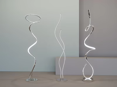 Three Modern Spiral Design Floor Lamps with Chrome Base and Curved Structure in Minimalist Room 3d model